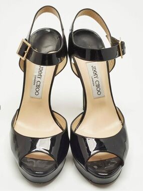 Jimmy Choo Black Patent Leather Peep-Toe Platform Sandals with Gold Buckle